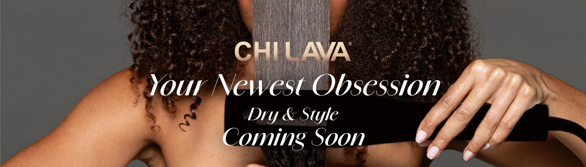 Woman with curly hair holding CHI Lava hair styling tool. Text promotes new product with advanced technology and natural minerals for healthier hair.